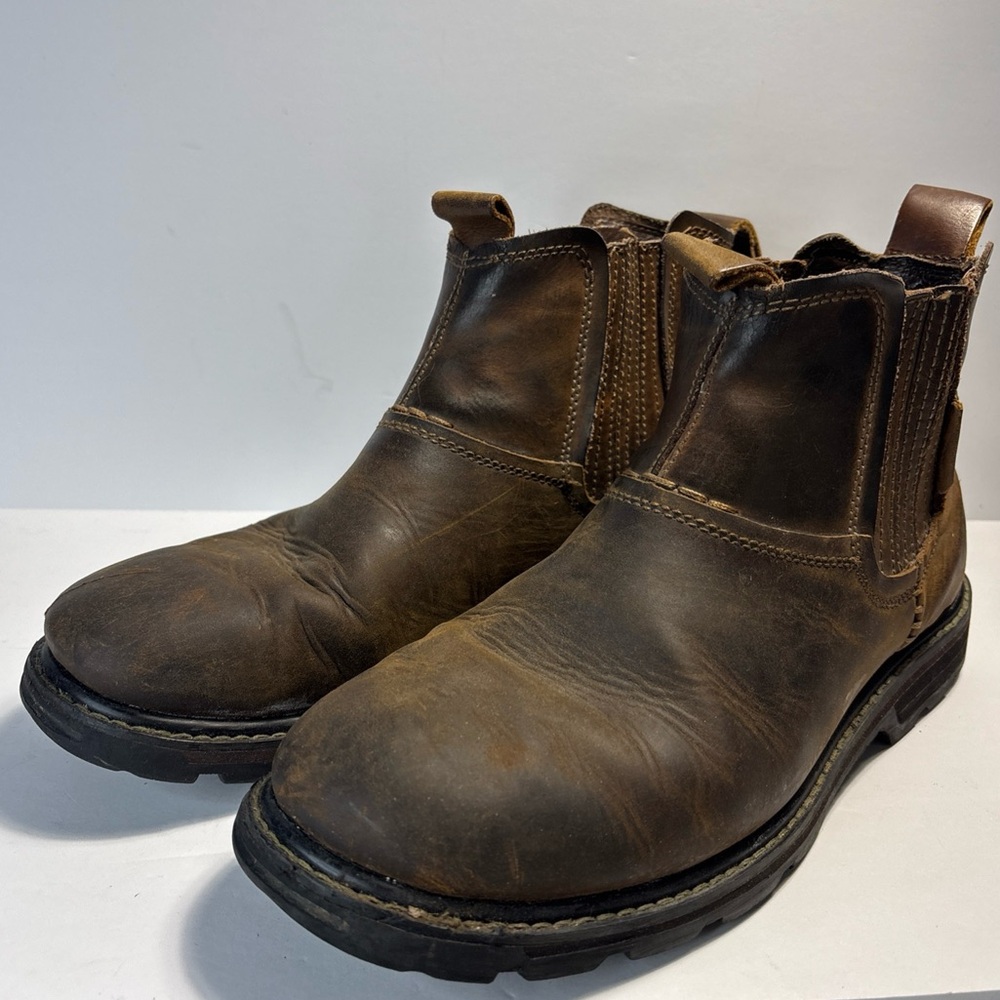 Skechers Blain Olsen Men’s Work Boots Brown Leather Slip-On Chelsea  Size 9.5